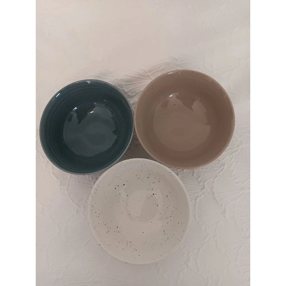 Sango Artist’s Blend Stoneware Salad Bowls Set of 3 Speckled Blue Taupe Cream